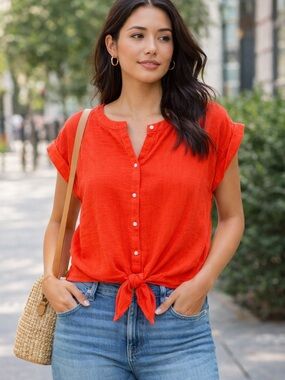 LOFT Bright Red Tie-Front Blouse